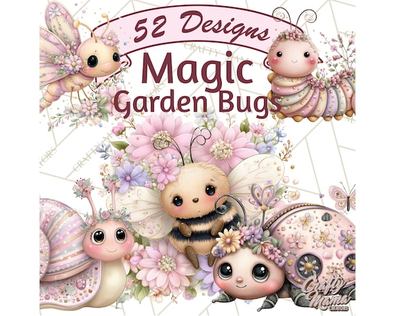 52 Png Magic Garden Bugs Clipart PNG, Pastel Fairy Garden Png, Kawaii Watercolor Bugs, Children’s Illustration, Printable Nursery Art