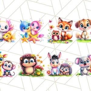 May include: A set of 10 adorable cartoon animal illustrations. The animals include a fox, a dog, a giraffe, a hedgehog, a donkey, a koala, an axolotl, a dolphin, a starfish, and an owl. The illustrations are colorful and whimsical, and they would be perfect for a children's book or a nursery.