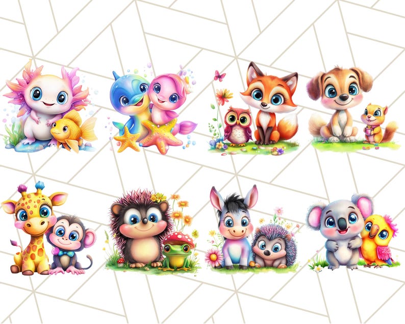 May include: A set of 10 adorable cartoon animal illustrations. The animals include a fox, a dog, a giraffe, a hedgehog, a donkey, a koala, an axolotl, a dolphin, a starfish, and an owl. The illustrations are colorful and whimsical, and they would be perfect for a children's book or a nursery.