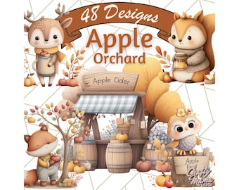 Op de afbeelding: Waterverfillustratie met een appelboomgaardscène met schattige dierenfiguren. De afbeelding bevat een hert, een eekhoorn, een vos en een uil, samen met een appelciderstand en pompoenen. Tekst luidt "48 Designs Apple Orchard."