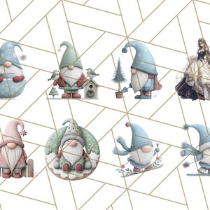 May include: Watercolor illustrations of whimsical gnomes in various winter scenes. Gnomes are depicted with blue, green, and pink hats and outfits, some with skis, birdhouses, and mugs. The background features a geometric gold pattern.
