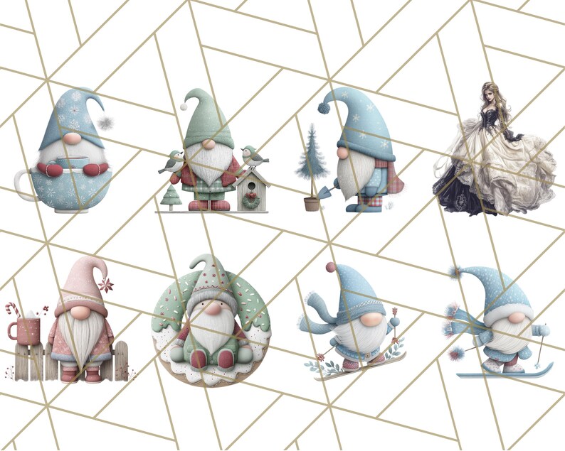May include: Watercolor illustrations of whimsical gnomes in various winter scenes. Gnomes are depicted with blue, green, and pink hats and outfits, some with skis, birdhouses, and mugs. The background features a geometric gold pattern.