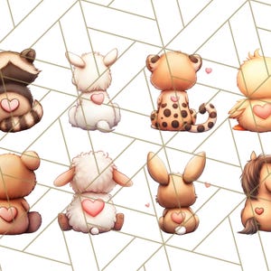 May include: Eight adorable cartoon animals with hearts on their backs. The animals include a raccoon, a lamb, a cheetah, a duck, a bear, a sheep, a bunny, and a unicorn. All the animals are facing away from the viewer.
