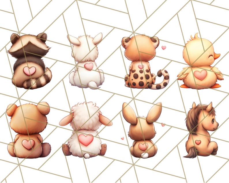 May include: Eight adorable cartoon animals with hearts on their backs. The animals include a raccoon, a lamb, a cheetah, a duck, a bear, a sheep, a bunny, and a unicorn. All the animals are facing away from the viewer.
