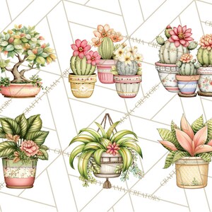 May include: Watercolor illustrations of potted plants, including cacti with pink flowers, a bonsai tree, and hanging plants. The pots are decorated with floral patterns and pastel colors. The background features a geometric design.