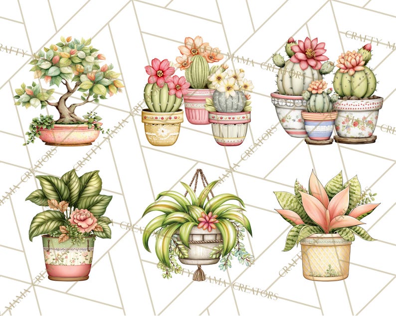May include: Watercolor illustrations of potted plants, including cacti with pink flowers, a bonsai tree, and hanging plants. The pots are decorated with floral patterns and pastel colors. The background features a geometric design.