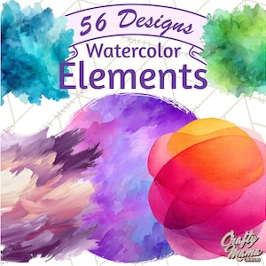 May include: A digital art graphic with the text "56 Designs Watercolor Elements." The image features colorful watercolor blobs in shades of blue, green, purple, pink, and orange. The "Crafty Mama" logo is in the bottom right corner.