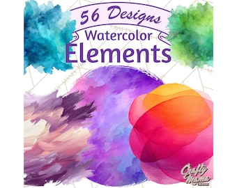 56 Png Watercolor Clipart, Abstract Watercolor Elements, Brush Strokes Geometric Shapes, Neutral Pastels with Color Pops, Printable PNG