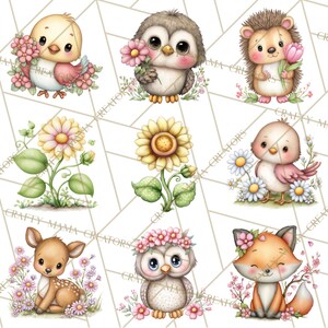 May include: A collection of watercolour illustrations featuring cute woodland animals and flowers. The image shows a bird, owl, hedgehog, deer, and fox, each surrounded by flowers. The artwork has a soft, pastel colour palette, perfect for children's designs.