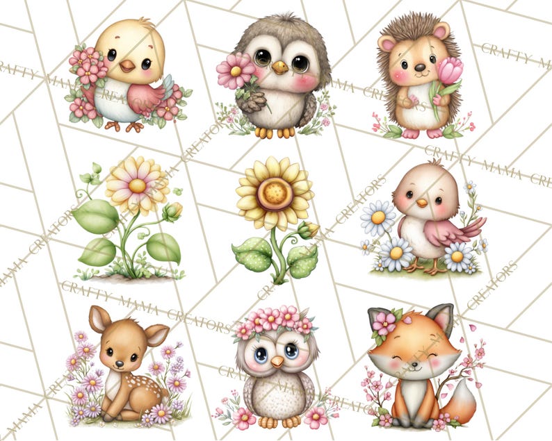 May include: A collection of watercolour illustrations featuring cute woodland animals and flowers. The image shows a bird, owl, hedgehog, deer, and fox, each surrounded by flowers. The artwork has a soft, pastel colour palette, perfect for children's designs.