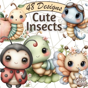 Könnte beinhalten: Aquarellillustration mit mehreren niedlichen Insektenmotiven. Das Bild zeigt eine Raupe, einen Marienkäfer, einen Schmetterling und eine Libelle, alle mit großen Augen und freundlichen Ausdrücken. Der Text lautet "48 Designs Cute Insects".