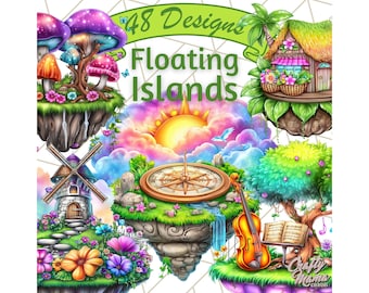 48 Png, Floating Island Clipart PNG, Bright Fantasy Landscape Clip Art, Sky Island PNG, Magical Floating World Illustrations, Dreamy Land