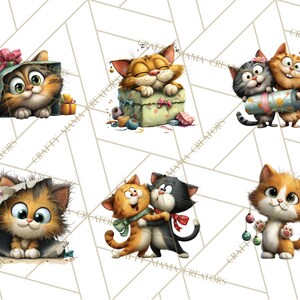 May include: A collection of six cartoon cat illustrations. The cats are depicted in various poses, including inside a gift box, sleeping, hugging, and holding ornaments. The cats have orange, brown, and gray fur.