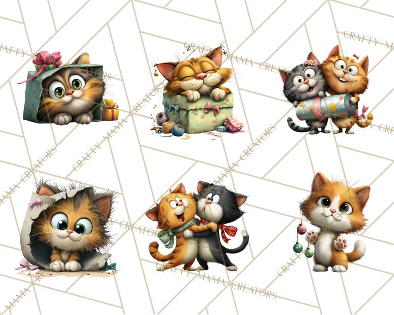 May include: A collection of six cartoon cat illustrations. The cats are depicted in various poses, including inside a gift box, sleeping, hugging, and holding ornaments. The cats have orange, brown, and gray fur.