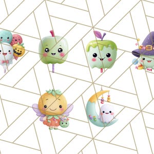 May include: A collection of whimsical Halloween-themed illustrations. The image features a variety of cute characters, including a ghost, a witch, a fairy, and a smiling apple. The characters are rendered in a soft, watercolor style with pastel colors.