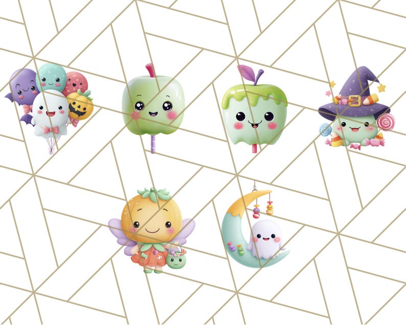 May include: A collection of whimsical Halloween-themed illustrations. The image features a variety of cute characters, including a ghost, a witch, a fairy, and a smiling apple. The characters are rendered in a soft, watercolor style with pastel colors.