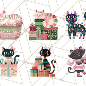 Op de afbeelding: Zes illustraties van katten in feestelijke poses. Sommige katten zijn versierd met lichtslingers en cadeaus. Het kleurenschema bevat roze, groen, zwart en wit. Geometrische achtergrond.