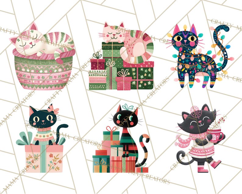 Op de afbeelding: Zes illustraties van katten in feestelijke poses. Sommige katten zijn versierd met lichtslingers en cadeaus. Het kleurenschema bevat roze, groen, zwart en wit. Geometrische achtergrond.