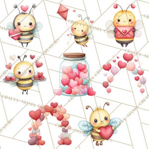 May include: Watercolor illustrations of cute bees with hearts and a jar filled with heart-shaped candies. The bees are holding hearts, a kite, and a tray of treats. The image has a Valentine's Day theme.
