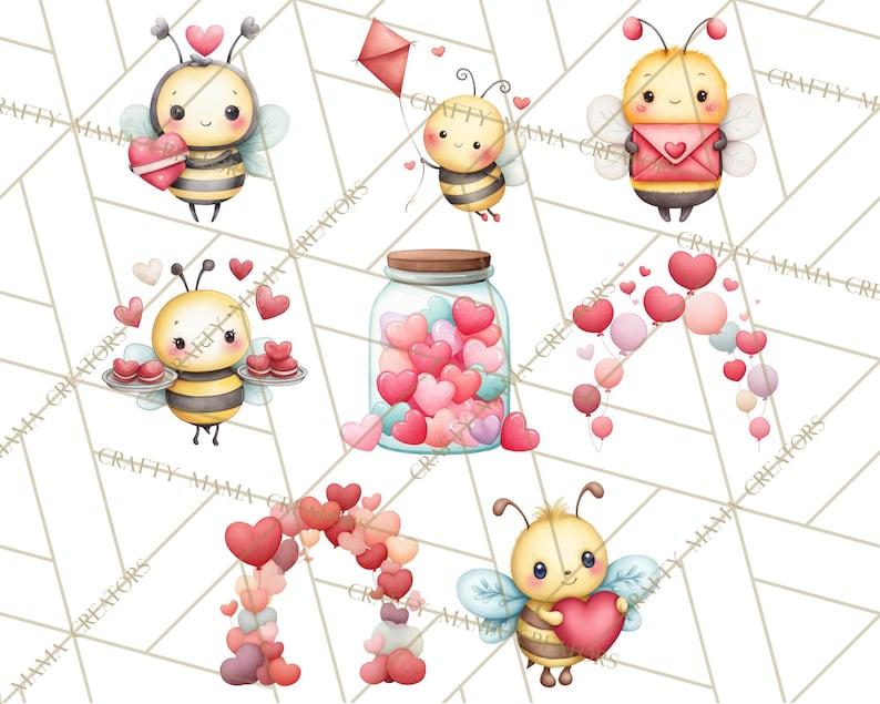 May include: Watercolor illustrations of cute bees with hearts and a jar filled with heart-shaped candies. The bees are holding hearts, a kite, and a tray of treats. The image has a Valentine's Day theme.