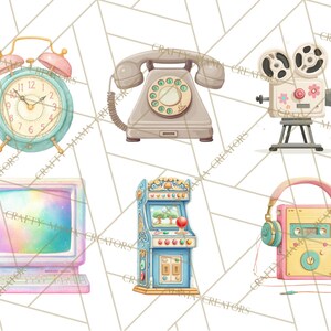 May include: Watercolor illustrations of vintage items including an alarm clock, rotary phone, film camera, computer monitor, arcade game, and a cassette player with headphones. The items are in pastel colors with a geometric background.
