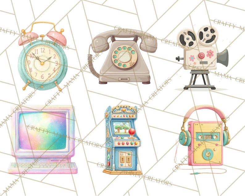 May include: Watercolor illustrations of vintage items including an alarm clock, rotary phone, film camera, computer monitor, arcade game, and a cassette player with headphones. The items are in pastel colors with a geometric background.