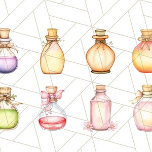 Puede incluir: Ocho ilustraciones de acuarela de botellas de vidrio con l&iacute;quidos de diferentes colores y elementos decorativos, incluyendo lazos, flores y cintas.