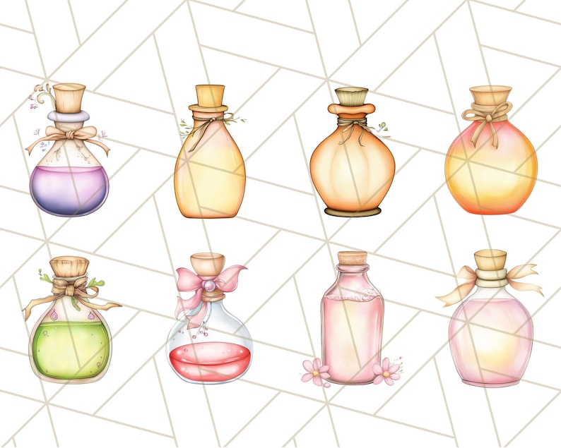 Puede incluir: Ocho ilustraciones de acuarela de botellas de vidrio con l&iacute;quidos de diferentes colores y elementos decorativos, incluyendo lazos, flores y cintas.