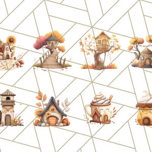 May include: A collection of watercolour illustrations featuring fairy houses and treehouses in autumnal hues. The images include a house with sunflowers, a treehouse with a bridge, and a house shaped like a teapot. The theme is fantasy and nature.