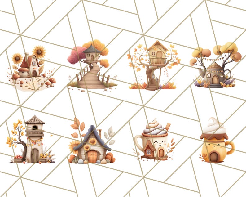 May include: A collection of watercolour illustrations featuring fairy houses and treehouses in autumnal hues. The images include a house with sunflowers, a treehouse with a bridge, and a house shaped like a teapot. The theme is fantasy and nature.