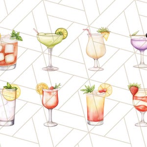 K&ouml;nnte beinhalten: Aquarell-Illustration von acht verschiedenen Cocktails. Jedes Getr&auml;nk befindet sich in einem anderen Glas und ist mit Fr&uuml;chten, Minze oder anderen dekorativen Elementen garniert. Die Getr&auml;nke umfassen eine Margarita, eine Pi&ntilde;a Colada und einen Erdbeer-Daiquiri.