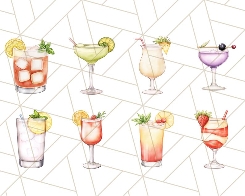 K&ouml;nnte beinhalten: Aquarell-Illustration von acht verschiedenen Cocktails. Jedes Getr&auml;nk befindet sich in einem anderen Glas und ist mit Fr&uuml;chten, Minze oder anderen dekorativen Elementen garniert. Die Getr&auml;nke umfassen eine Margarita, eine Pi&ntilde;a Colada und einen Erdbeer-Daiquiri.