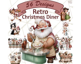 Puede incluir: Una colección digital de 56 diseños Retro Christmas Diner con una ilustración central de Santa Claus sirviendo un postre Snowball en un mostrador, rodeado de varios personajes de dibujos animados, incluyendo elfos, un pingüino y renos.