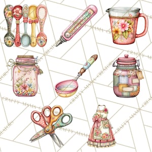 May include: A watercolour illustration featuring kitchen utensils: spoons, a thermometer, a measuring jug, jars, a ladle, scissors, and an apron. The items are adorned with floral designs and soft pastel hues.