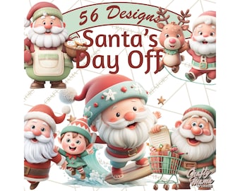 Op de afbeelding: Een digitale afbeelding met meerdere cartoon kerstmannen en een rendier. De tekst luidt "56 Designs Santa's Day Off". De kerstmannen worden in verschillende poses afgebeeld, met een feestelijk kleurenpalet.