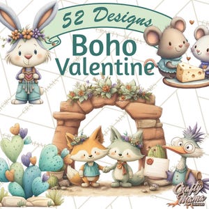 May include: Watercolor illustration with the text "52 Designs Boho Valentine." Features include a bunny, mice, foxes, and a bird, all in a whimsical, boho style. The image has a soft color palette with floral accents and heart shapes.