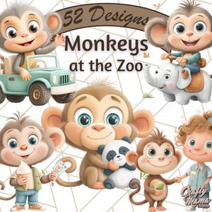 May include: A collection of cartoon monkey illustrations with the text "52 Designs Monkeys at the Zoo." The monkeys are depicted in various poses, including driving a teal jeep, riding an elephant, and holding ice cream.