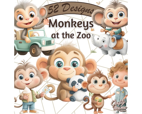 Zoo Monkeys Clipart, Cute Cartoon Monkey Clip Art, Toddler Animal Graphics, Full Body Jungle Zoo Illustrations, PNG, Printable