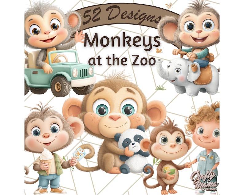 May include: A collection of cartoon monkey illustrations with the text "52 Designs Monkeys at the Zoo." The monkeys are depicted in various poses, including driving a teal jeep, riding an elephant, and holding ice cream.