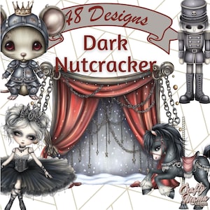May include: Digital art featuring a dark, gothic theme with a mouse in armor, a ballerina, a nutcracker, and a carousel horse. The words "48 Designs Dark Nutcracker" are displayed above a red curtain.