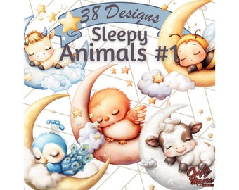 38 Png, Sleeping Baby Animals on Moon Clipart, Crescent Moon Nursery Clip Art, Baby Animal Illustrations, Printable Baby Shower Art
