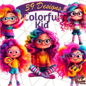 Cute Girl Clipart, Colorful Child PNG, Fun Kid Character Art, Playful Girl Graphics, Digital Illustration Sublimation, Clip Art for Crafts