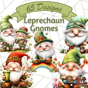 Puede incluir: 65 Diseños Duendes Leprechaun. Una descarga digital de 65 diseños con gnomos vestidos de duendes. Los gnomos llevan sombreros verdes, camisas verdes y pantalones verdes. Sostienen tréboles y monedas de oro. Los gnomos están rodeados de flores y un arcoíris.