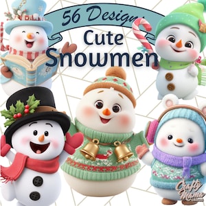 May include: A collection of cute snowman designs. The snowmen are wearing hats, scarves, and sweaters in various colors. One snowman is reading a book, another is holding a candy cane, and another has bells on its sweater. The image includes the text "56 Designs Cute Snowmen".