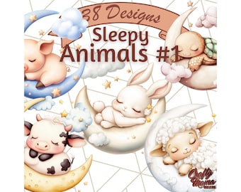 Pastel Baby Animal Moon Clipart, Watercolor Sleeping Animals PNG, Crescent Moon Nursery, Baby Shower Clip Art Soft Pastel Baby Illustrations