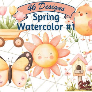 Clipart de primavera en acuarela, flores pastel, pájaros, conejos, pajarera PNG, arte de Pascua, ilustración floral, estética primaveral, diseño de jardines