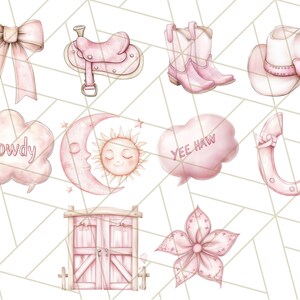 May include: Pink watercolour illustrations of western themed items, including a saddle, cowboy hat, horseshoe, boots, a sun and moon, a door, a flower, and a speech bubble that says "howdy" and another that says "yee haw".