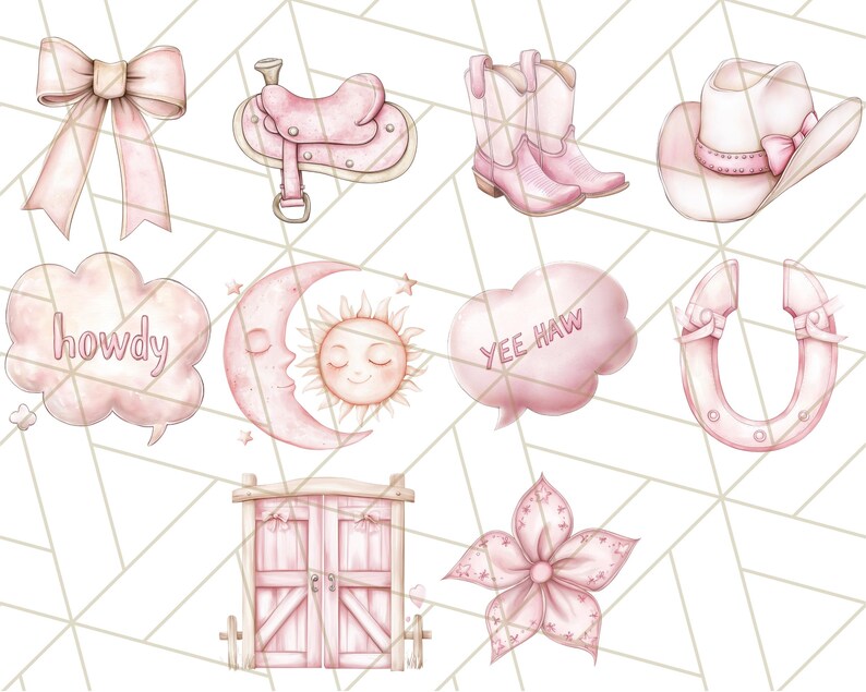 May include: Pink watercolour illustrations of western themed items, including a saddle, cowboy hat, horseshoe, boots, a sun and moon, a door, a flower, and a speech bubble that says "howdy" and another that says "yee haw".