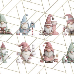 May include: Watercolor illustrations of eight gnomes in various winter scenes. Each gnome has a long beard and a pointed hat. Some gnomes are holding objects like a book, a mailbox, or snowballs. The gnomes are set against a geometric background.