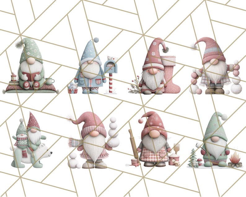 May include: Watercolor illustrations of eight gnomes in various winter scenes. Each gnome has a long beard and a pointed hat. Some gnomes are holding objects like a book, a mailbox, or snowballs. The gnomes are set against a geometric background.